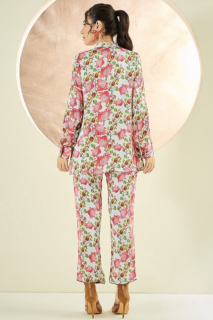 Coral & Green Bemberg Modal Satin Floral Printed Co-Ord Set by First Resort by Ramola Bachchan at Pernia's Pop Up Shop