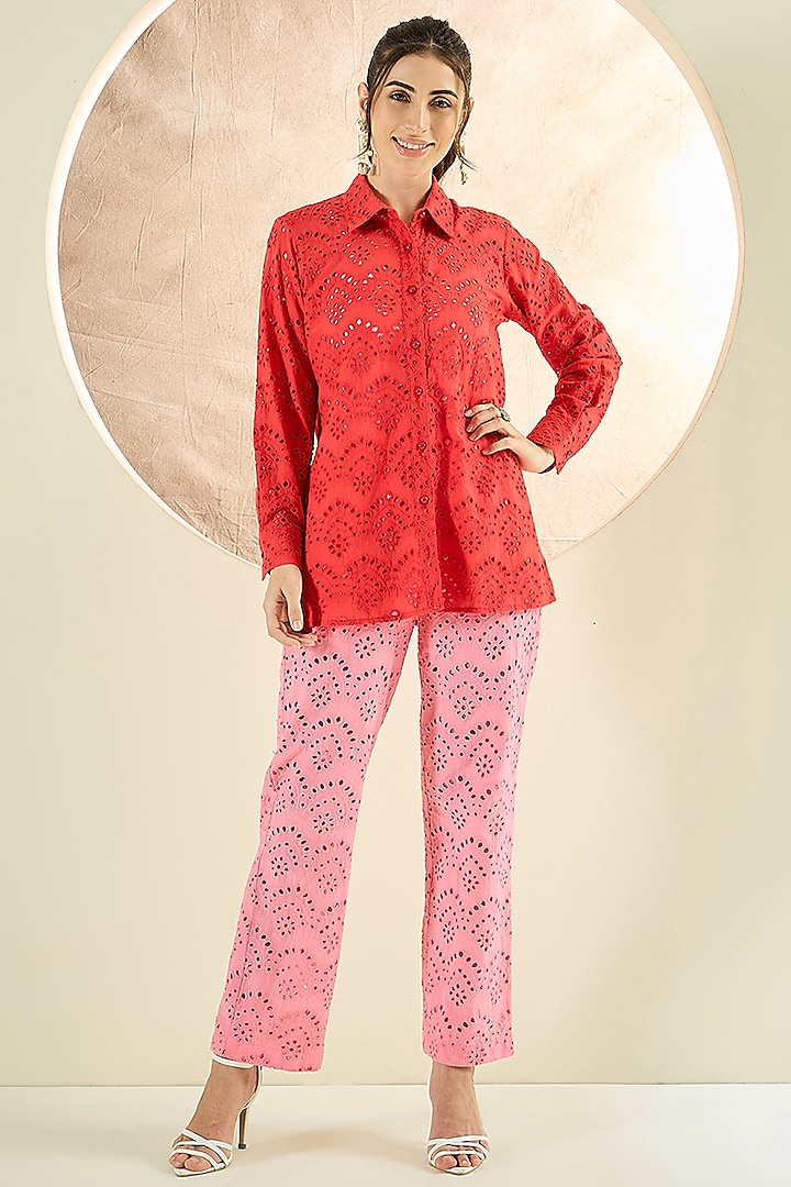 Red & Pink Cotton Eyelet Co-Ord Set by First Resort by Ramola Bachchan at Pernia's Pop Up Shop