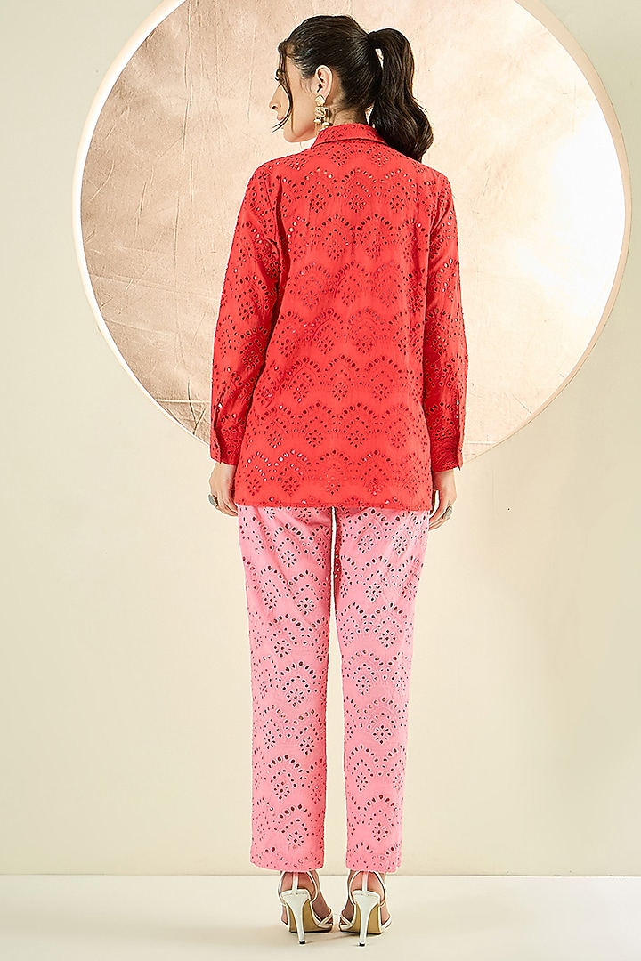Red & Pink Cotton Eyelet Co-Ord Set by First Resort by Ramola Bachchan at Pernia's Pop Up Shop