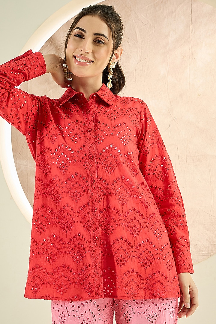 Red & Pink Cotton Eyelet Co-Ord Set by First Resort by Ramola Bachchan at Pernia's Pop Up Shop