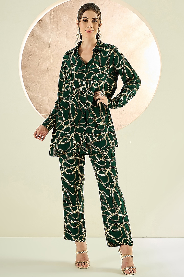 Forest Green Viscose Crepe Chain Printed Co-Ord Set by First Resort by Ramola Bachchan at Pernia's Pop Up Shop