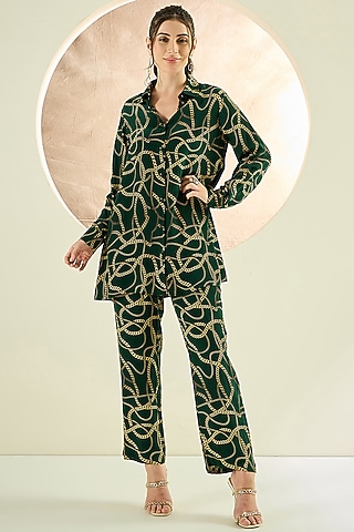 Forest Green Viscose Crepe Chain Printed Co-Ord Set by First Resort by Ramola Bachchan