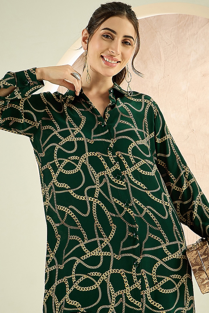 Forest Green Viscose Crepe Chain Printed Co-Ord Set by First Resort by Ramola Bachchan at Pernia's Pop Up Shop