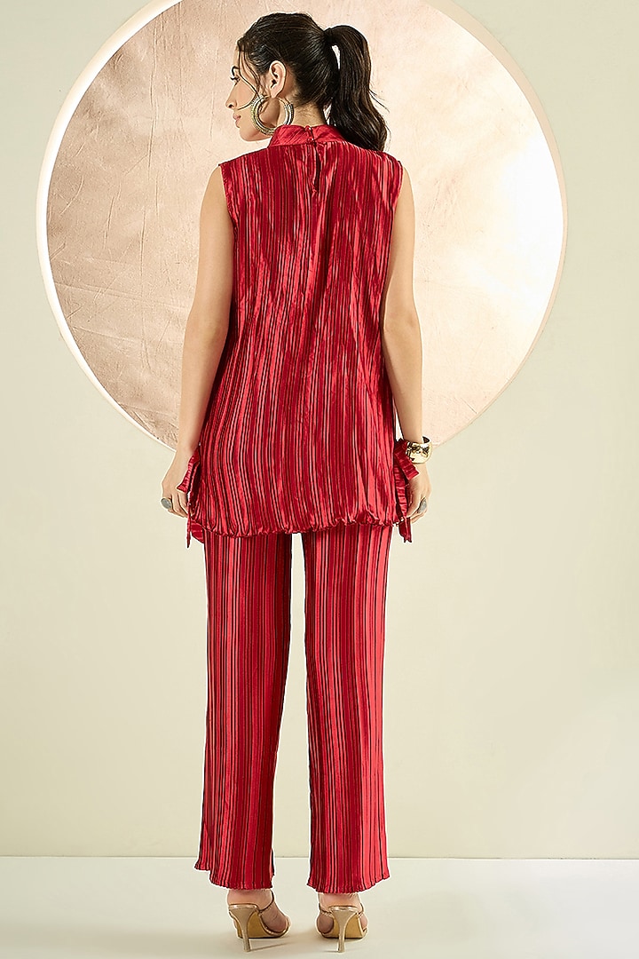 Venetian Red Polyester Satin Box-Pleated Co-Ord Set by First Resort by Ramola Bachchan at Pernia's Pop Up Shop