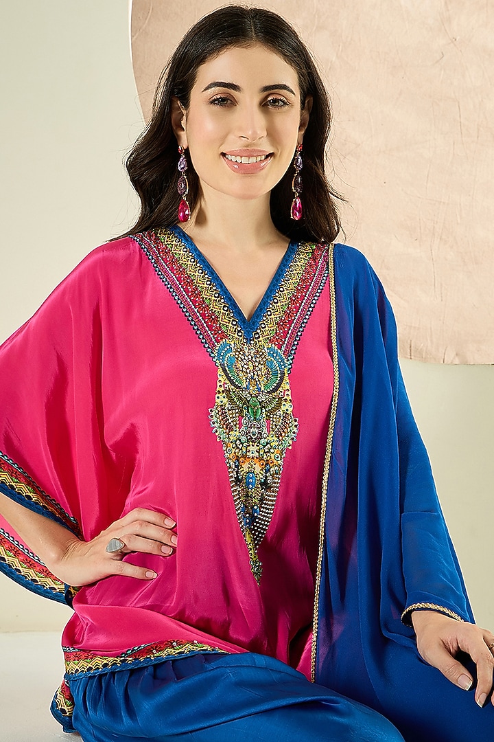 Blush Pink Viscose Polyester Satin Crystal Embellished Kurta Set by First Resort by Ramola Bachchan at Pernia's Pop Up Shop