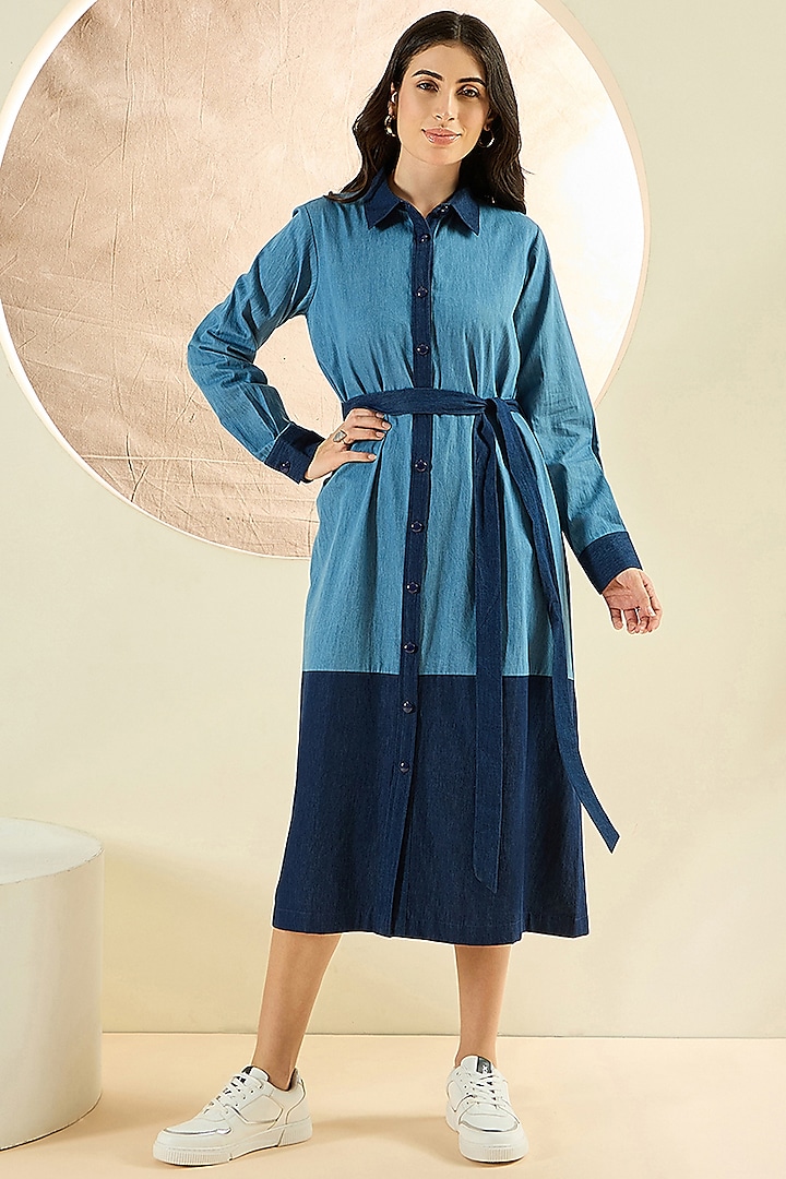 Sky Blue Denim Midi Dress With Belt by First Resort by Ramola Bachchan at Pernia's Pop Up Shop