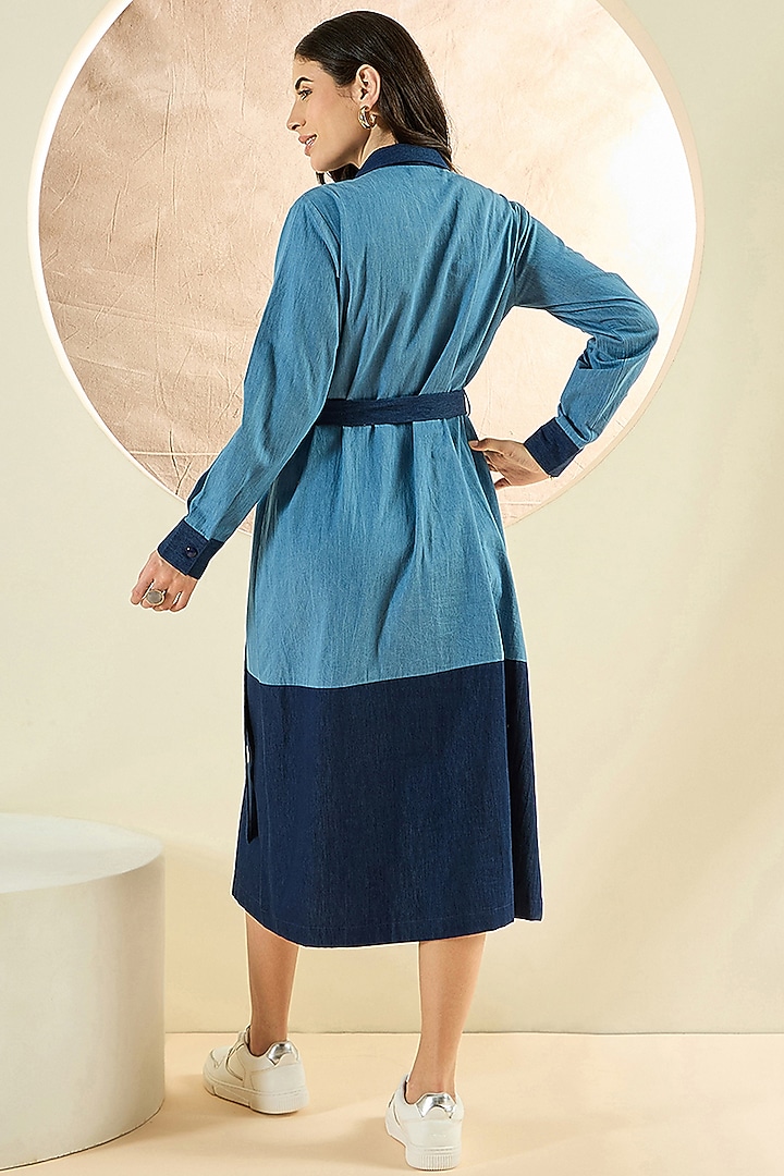 Sky Blue Denim Midi Summer Dress With Belt by First Resort by Ramola Bachchan at Pernia's Pop Up Shop