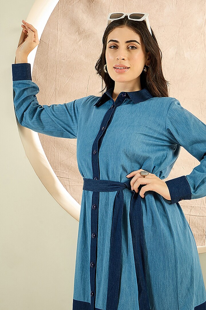 Sky Blue Denim Midi Summer Dress With Belt by First Resort by Ramola Bachchan at Pernia's Pop Up Shop