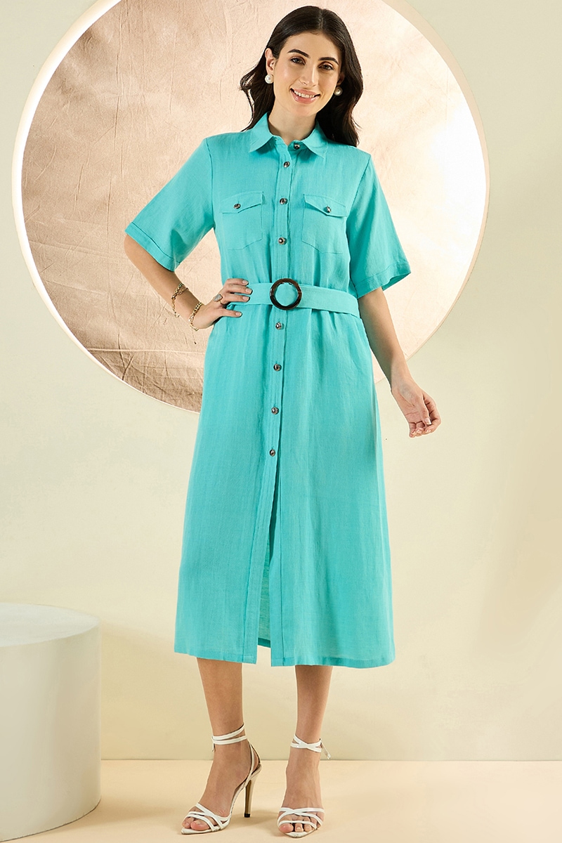 Natural Linen Dress store with Turquoise Floral Print