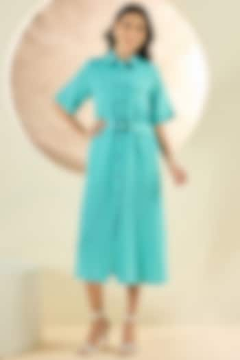 Turquoise Linen Midi Shirt Dress by First Resort by Ramola Bachchan at Pernia's Pop Up Shop