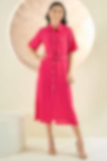 Fuchsia Linen Midi Shirt Dress by First Resort by Ramola Bachchan at Pernia's Pop Up Shop