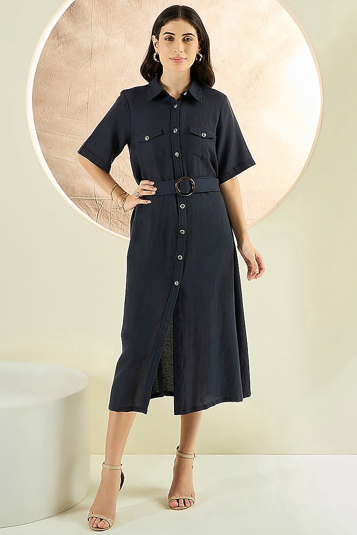 Black Linen Midi Shirt Dress by First Resort by Ramola Bachchan at Pernia's Pop Up Shop