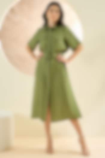 Olive Green Linen Midi Shirt Dress by First Resort by Ramola Bachchan at Pernia's Pop Up Shop