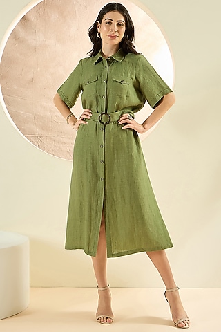 Olive Green Linen Midi Shirt Dress by First Resort by Ramola Bachchan