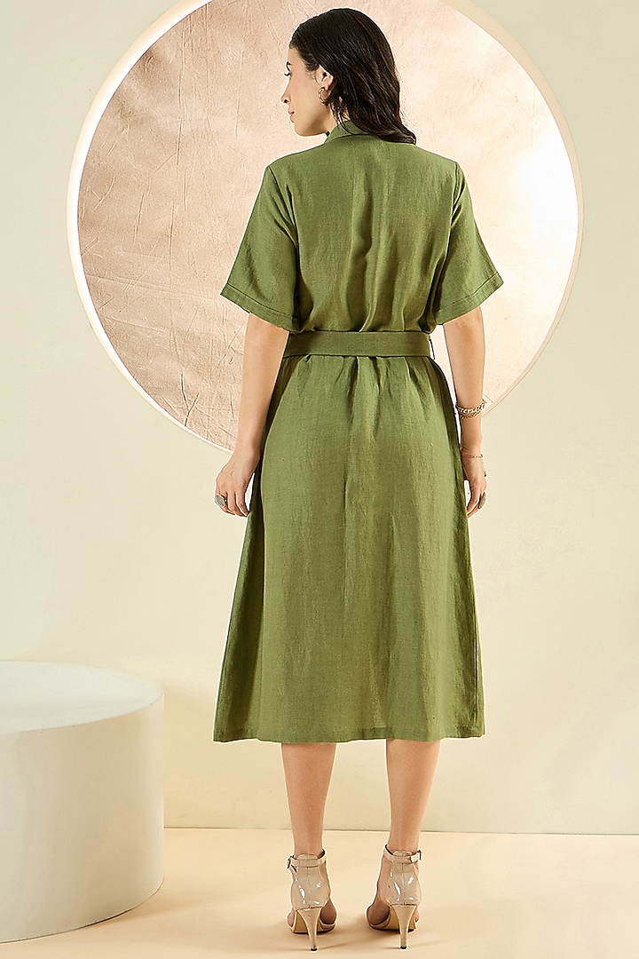 Olive Green Linen Midi Summer Shirt Dress by First Resort by Ramola Bachchan at Pernia's Pop Up Shop