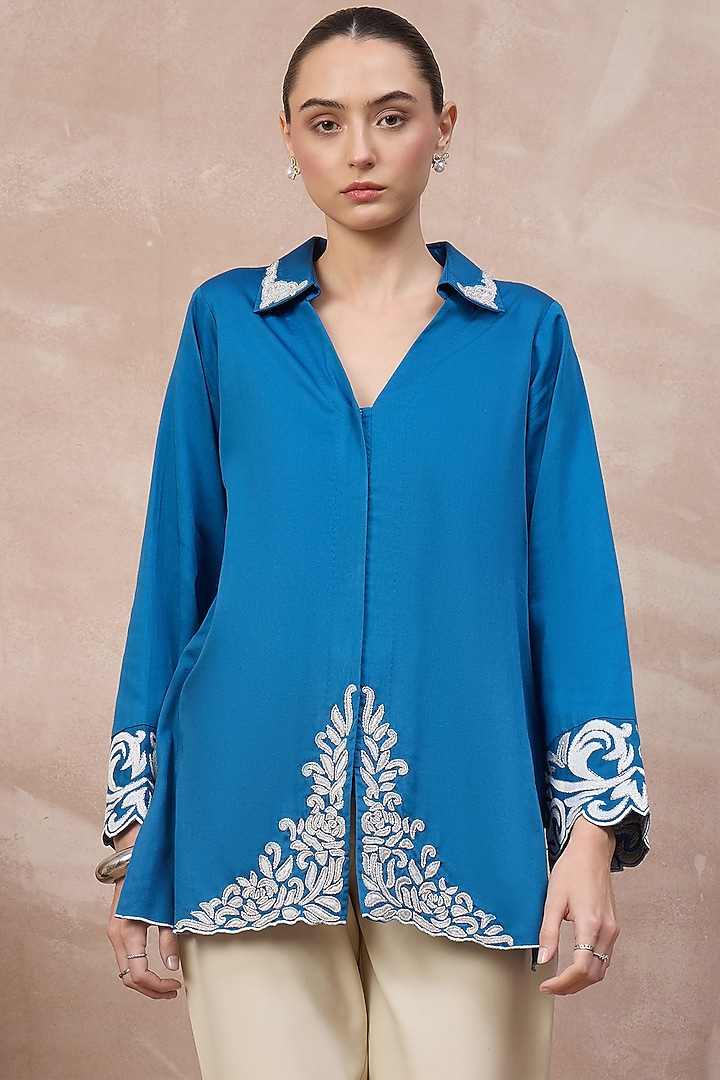 Blue Cotton Satin Baroque Embroidered Top by First Resort by Ramola Bachchan at Pernia's Pop Up Shop