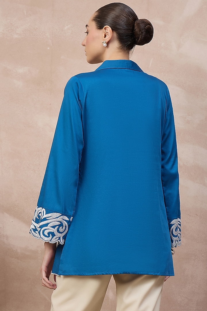 Blue Cotton Satin Baroque Embroidered Top by First Resort by Ramola Bachchan at Pernia's Pop Up Shop
