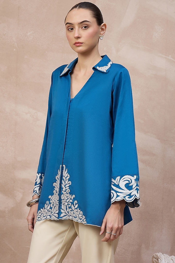 Blue Cotton Satin Baroque Embroidered Top by First Resort by Ramola Bachchan at Pernia's Pop Up Shop