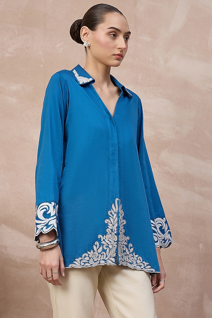 Blue Cotton Satin Baroque Embroidered Top by First Resort by Ramola Bachchan at Pernia's Pop Up Shop