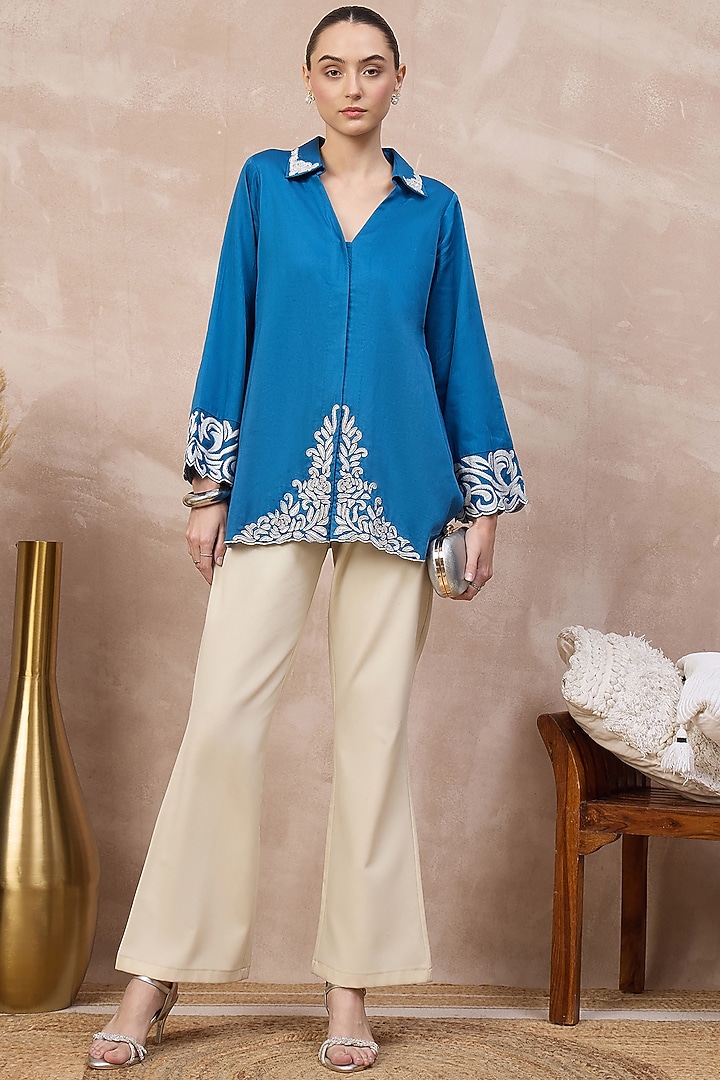 Blue Cotton Satin Baroque Embroidered Top by First Resort by Ramola Bachchan at Pernia's Pop Up Shop