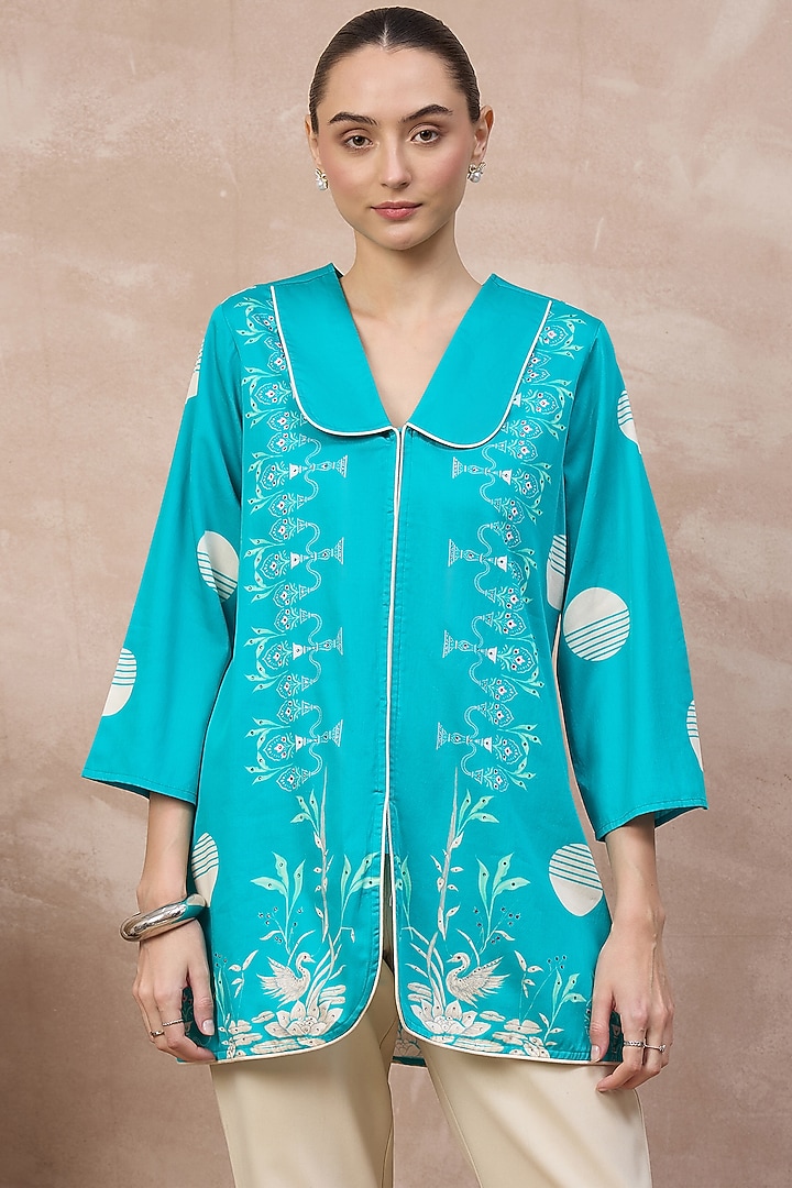 Sky Blue Cotton Satin Printed Top by First Resort by Ramola Bachchan at Pernia's Pop Up Shop