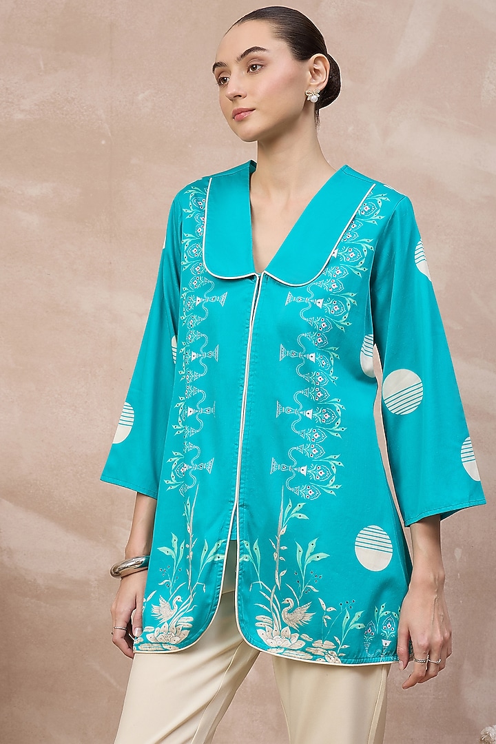 Sky Blue Cotton Satin Printed Top by First Resort by Ramola Bachchan at Pernia's Pop Up Shop
