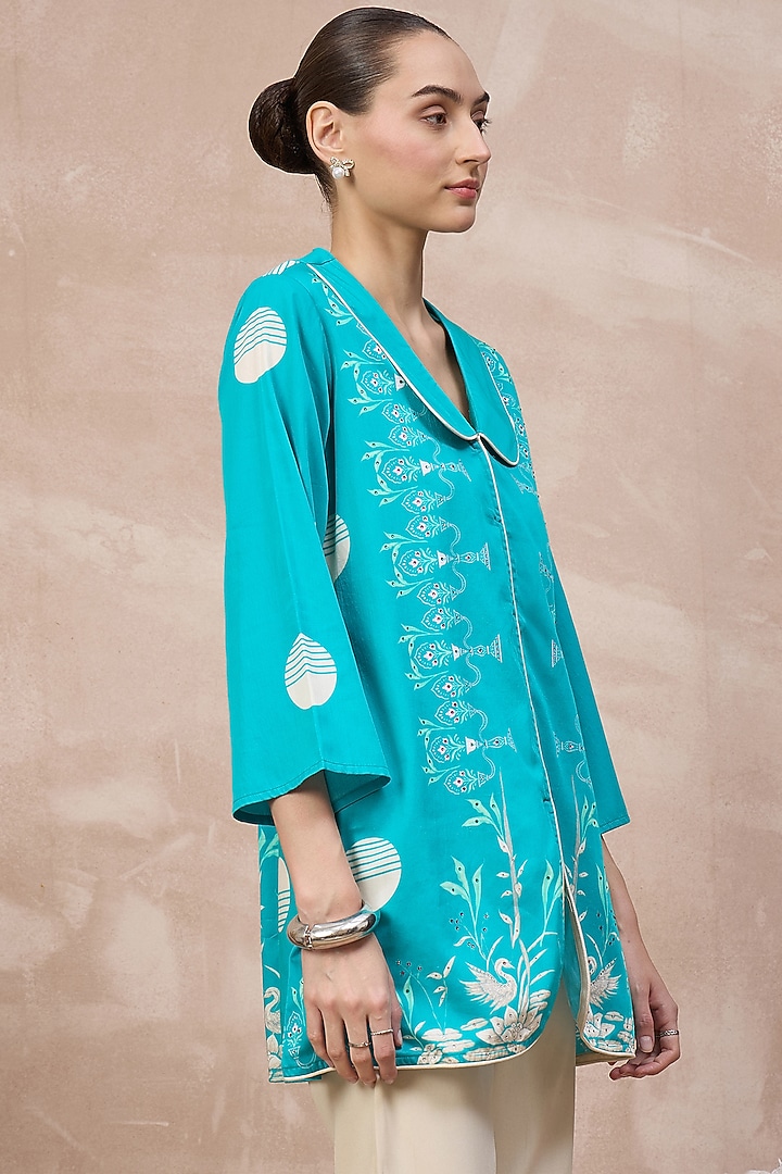 Sky Blue Cotton Satin Printed Top by First Resort by Ramola Bachchan at Pernia's Pop Up Shop