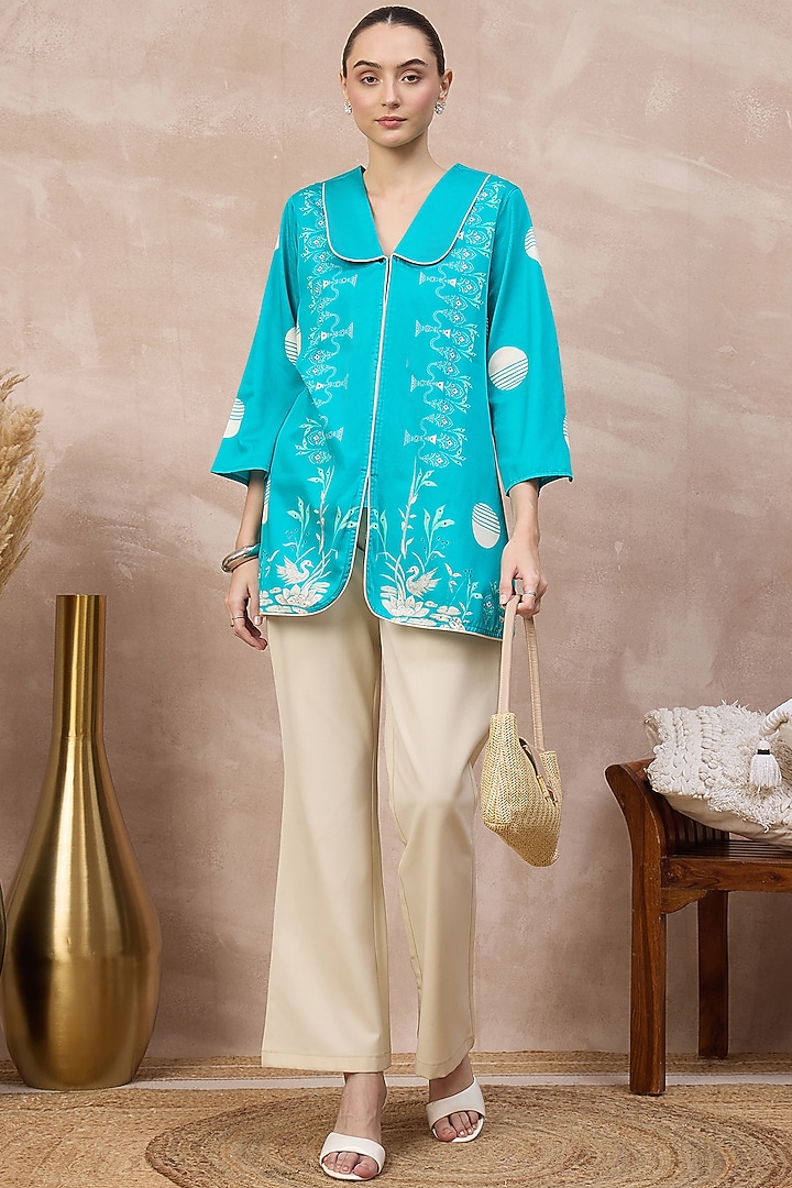 Sky Blue Cotton Satin Printed Top by First Resort by Ramola Bachchan at Pernia's Pop Up Shop