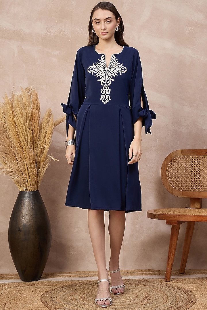 Navy Blue Polyester Crepe Embroidered Summer Dress by First Resort by Ramola Bachchan at Pernia's Pop Up Shop