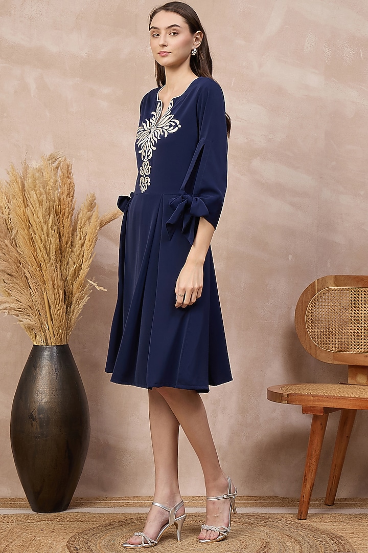 Navy Blue Polyester Crepe Embroidered Summer Dress by First Resort by Ramola Bachchan at Pernia's Pop Up Shop