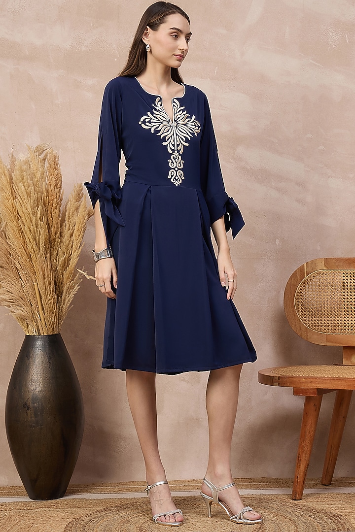 Navy Blue Polyester Crepe Embroidered Summer Dress by First Resort by Ramola Bachchan at Pernia's Pop Up Shop