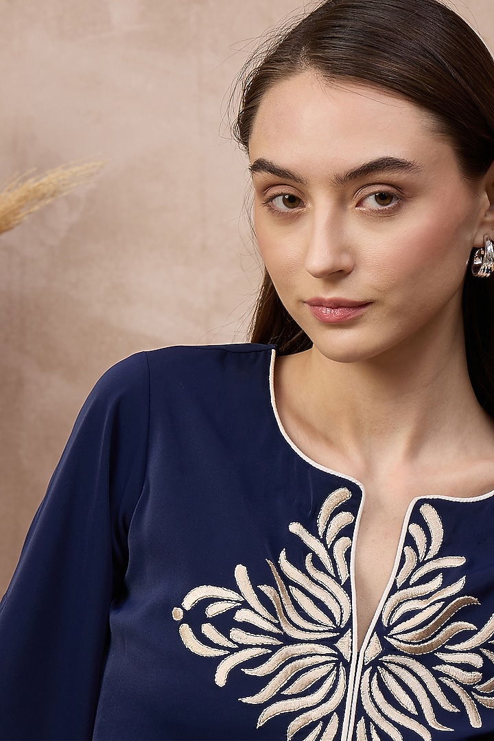 Navy Blue Polyester Crepe Embroidered Summer Dress by First Resort by Ramola Bachchan at Pernia's Pop Up Shop