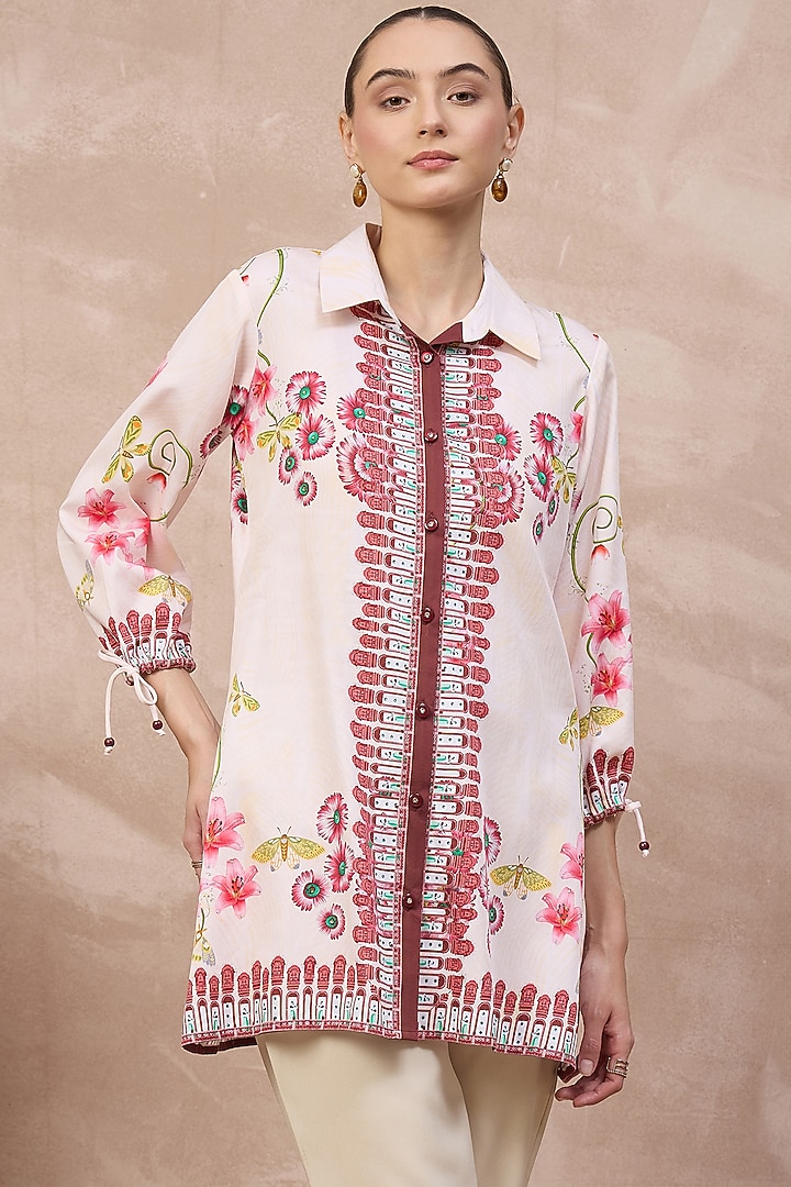 Beige & Red Cotton Satin Floral Printed Shirt by First Resort by Ramola Bachchan at Pernia's Pop Up Shop