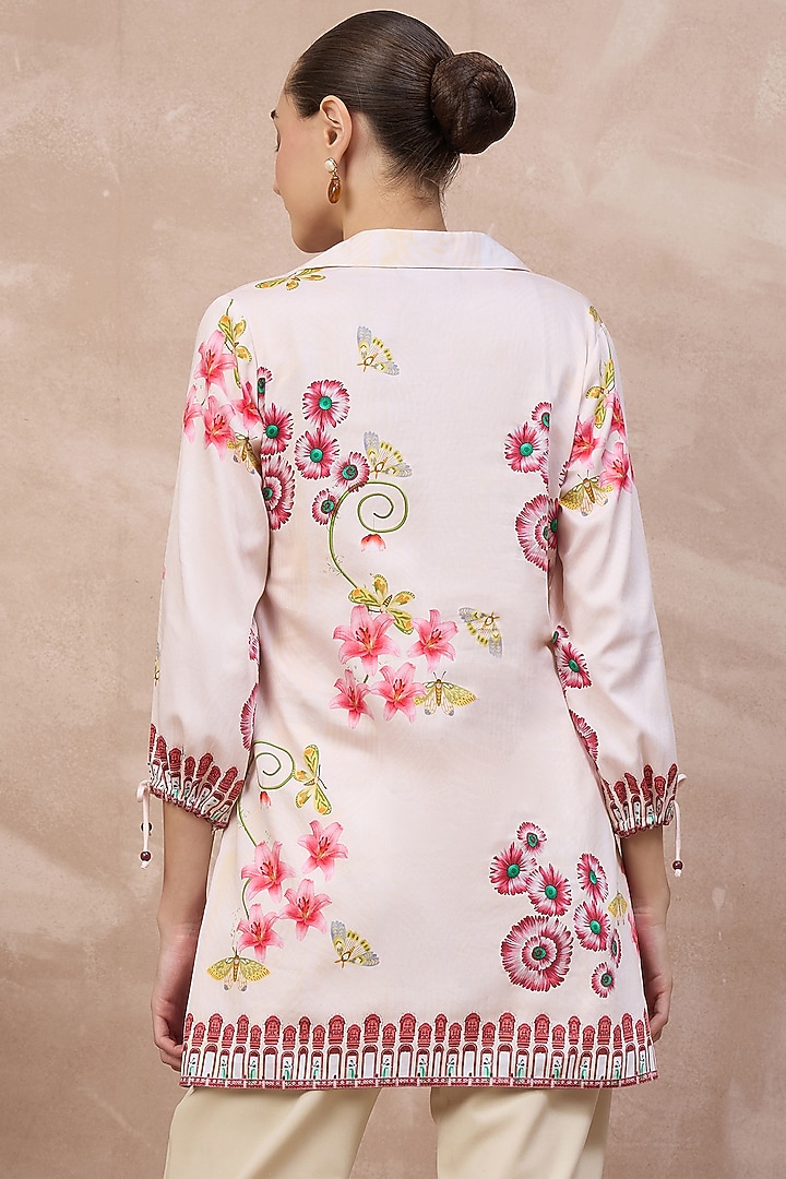Beige & Red Cotton Satin Floral Printed Shirt by First Resort by Ramola Bachchan at Pernia's Pop Up Shop