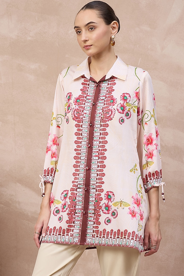Beige & Red Cotton Satin Floral Printed Shirt by First Resort by Ramola Bachchan at Pernia's Pop Up Shop