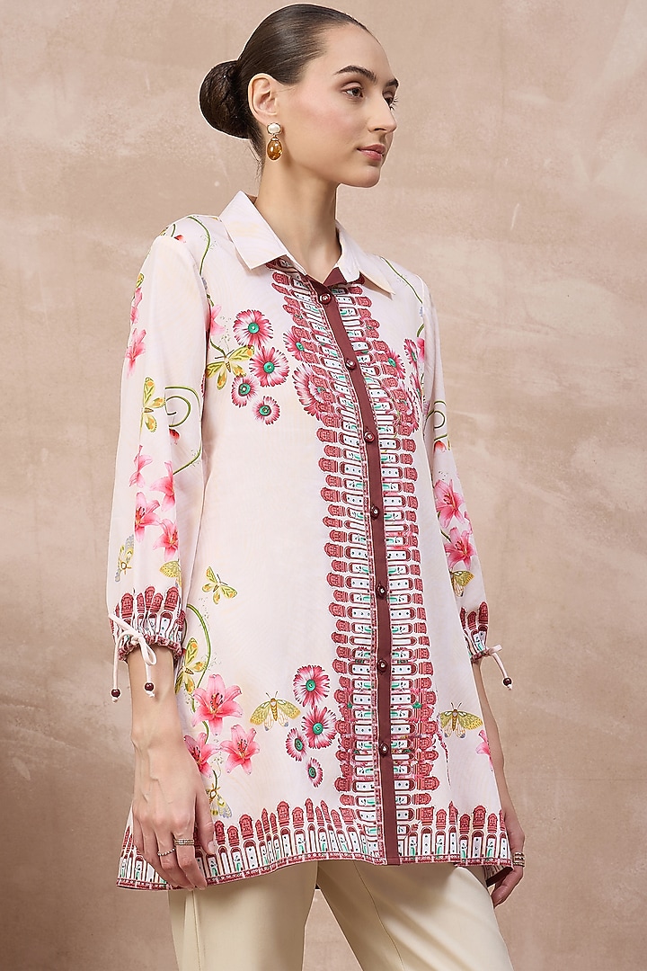 Beige & Red Cotton Satin Floral Printed Shirt by First Resort by Ramola Bachchan at Pernia's Pop Up Shop