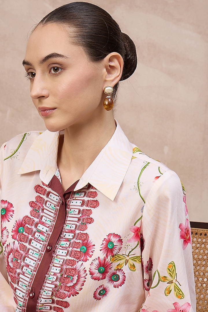 Beige & Red Cotton Satin Floral Printed Shirt by First Resort by Ramola Bachchan at Pernia's Pop Up Shop