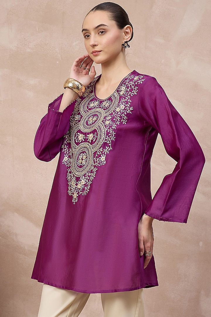 Purple Chanderi Floral Zari Embroidered Short Kurta by First Resort by Ramola Bachchan at Pernia's Pop Up Shop