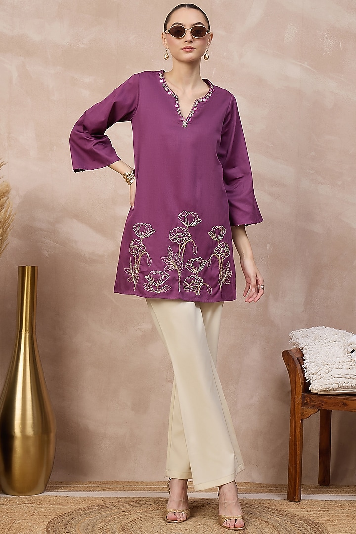 Purple Cotton Satin Zari Embroidered Short Kurta by First Resort by Ramola Bachchan at Pernia's Pop Up Shop