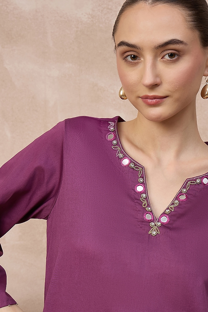 Purple Cotton Satin Zari Embroidered Short Kurta by First Resort by Ramola Bachchan at Pernia's Pop Up Shop
