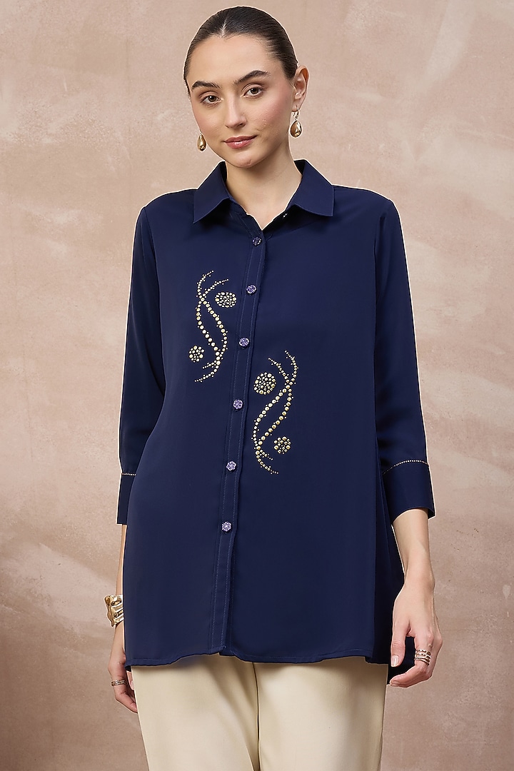Navy Blue Polyester Crepe Embroidered Shirt by First Resort by Ramola Bachchan at Pernia's Pop Up Shop