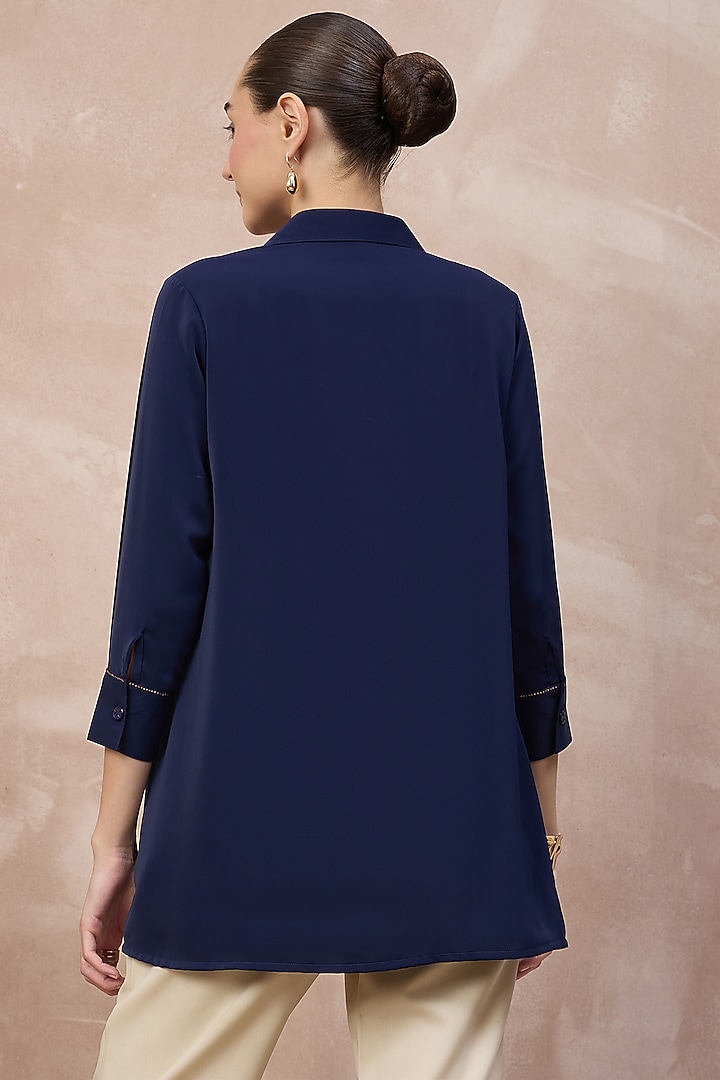 Navy Blue Polyester Crepe Embroidered Shirt by First Resort by Ramola Bachchan at Pernia's Pop Up Shop