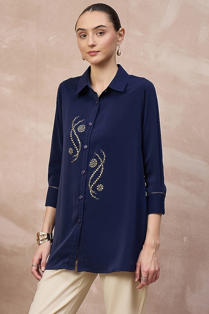 Navy Blue Polyester Crepe Embroidered Shirt by First Resort by Ramola Bachchan at Pernia's Pop Up Shop