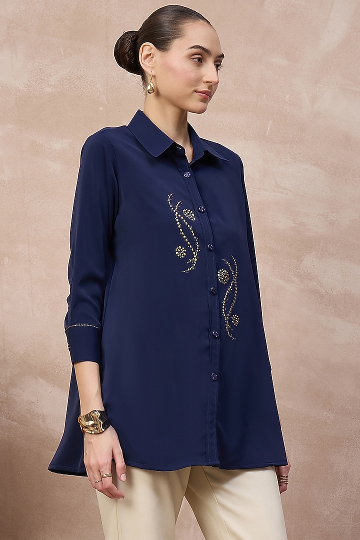 Navy Blue Polyester Crepe Embroidered Shirt by First Resort by Ramola Bachchan at Pernia's Pop Up Shop