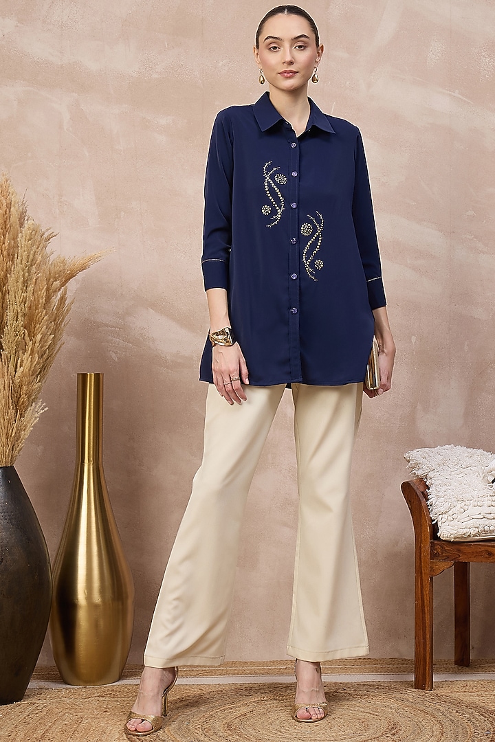 Navy Blue Polyester Crepe Embroidered Shirt by First Resort by Ramola Bachchan at Pernia's Pop Up Shop