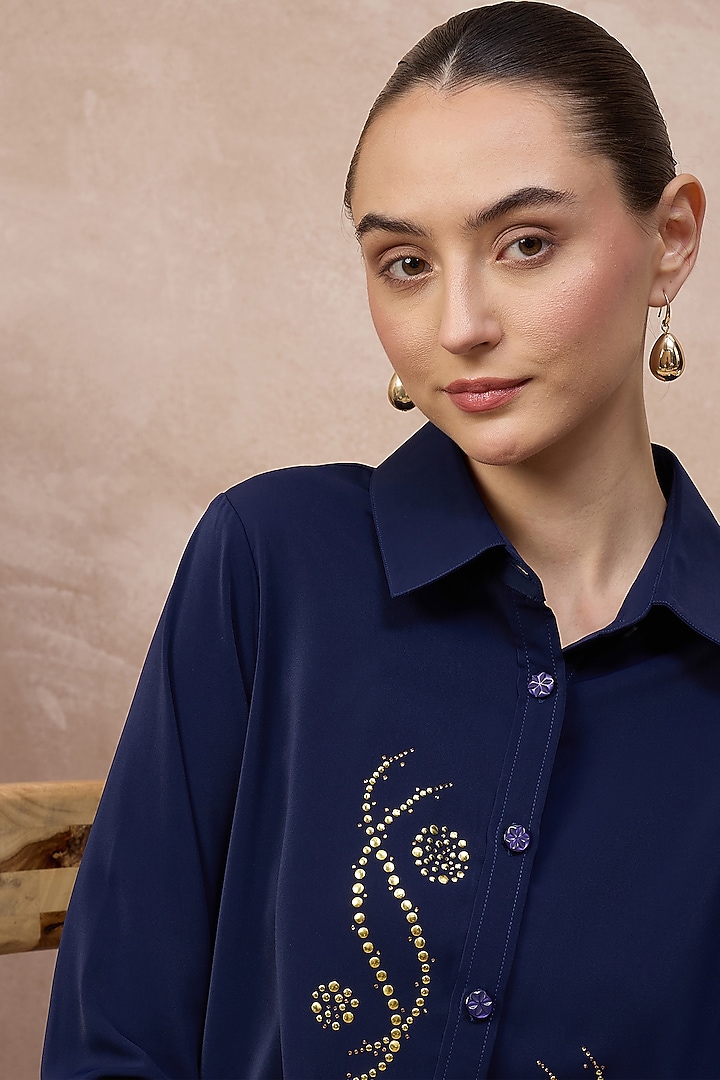 Navy Blue Polyester Crepe Embroidered Shirt by First Resort by Ramola Bachchan at Pernia's Pop Up Shop