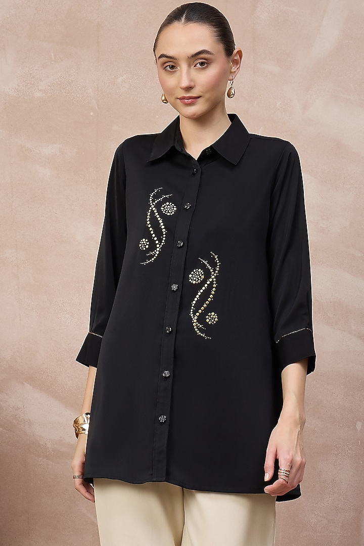 Black Polyester Crepe Embroidered Shirt by First Resort by Ramola Bachchan at Pernia's Pop Up Shop