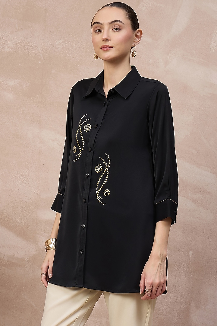 Black Polyester Crepe Embroidered Shirt by First Resort by Ramola Bachchan at Pernia's Pop Up Shop