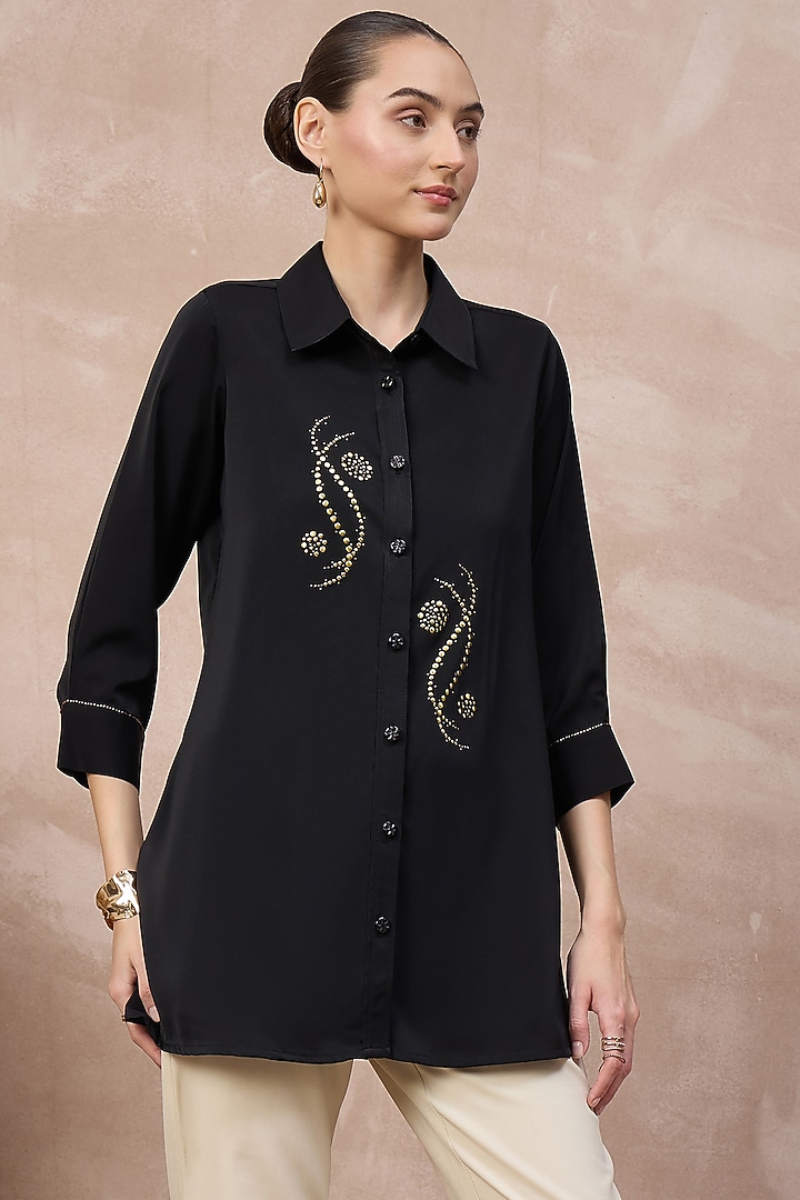 Black Polyester Crepe Embroidered Shirt by First Resort by Ramola Bachchan at Pernia's Pop Up Shop