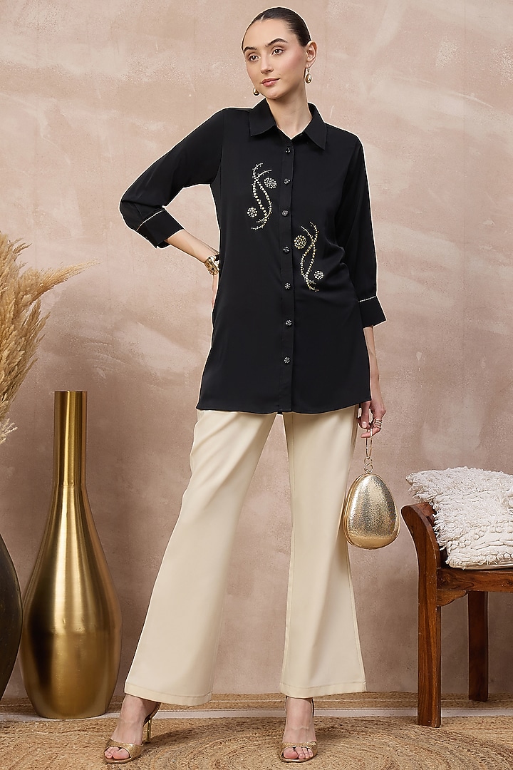 Black Polyester Crepe Embroidered Shirt by First Resort by Ramola Bachchan at Pernia's Pop Up Shop